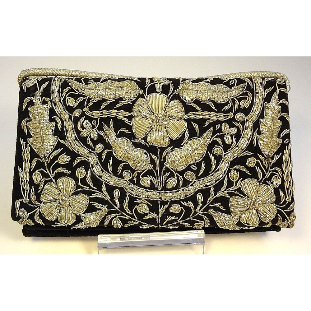 Rare Vintage 70s‎ Zardozi Gold Thread Beaded Black Velvet Clutch Made in India